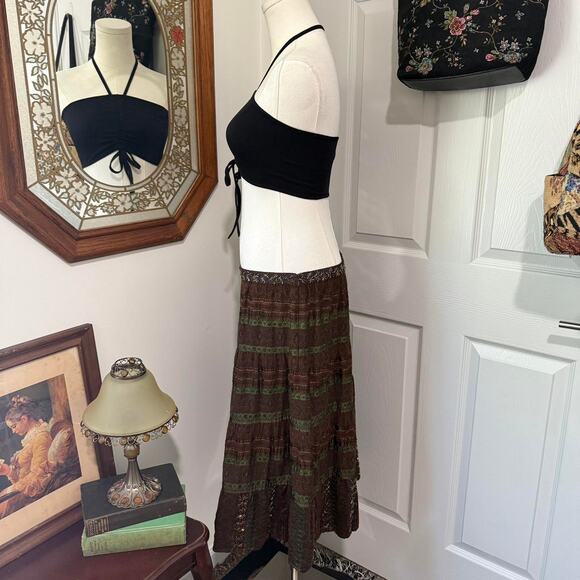 Future Paradise by Anthropologie Brown & Green Beaded Boho Fairy Midi Skirt 10/M - Picture 3 of 8